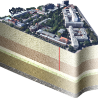 Schematische Darstellung der Erkundungsbohrung unter dem TU Campus Charlottenburg (Abbildung: Guido Blöcher, GFZ, unter Verwendung von Google Earth)