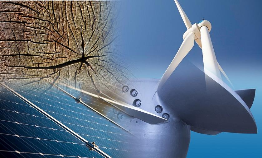 Fotomontage Ernuerbare Energien Wind, Solar, Holz