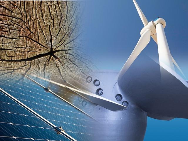 Fotomontage Ernuerbare Energien Wind, Solar, Holz