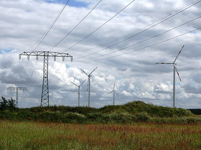 Stromnetze und Windkraftanlagen in grüner Landschaft