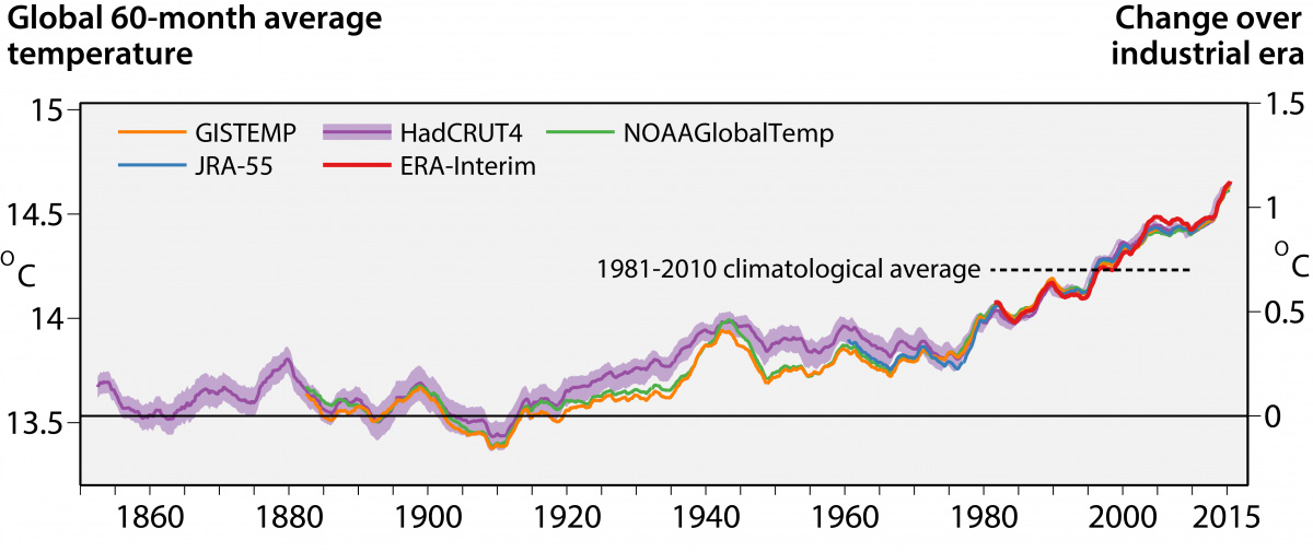 Die globalen Temperaturen im Fünfjahresdurchschnitt, ermittelt von fünf verschiedenen Forschungsinstituten. (Grafik: © Copernicus Climate Change Service, EZMW, NASA, HadCRUT4, NOAA, JMA)
