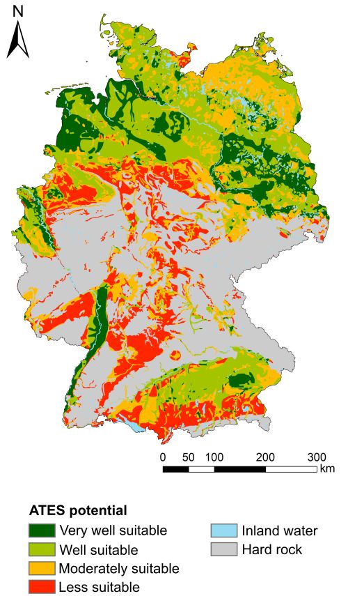 Das Norddeutsche Becken, der Oberrheingraben und das Süddeutsche Molassebecken weisen besonders große Potenziale für die Nutzung von thermischen Aquiferspeichern auf. (Grafik: Ruben Stemmle, AGW/KIT)