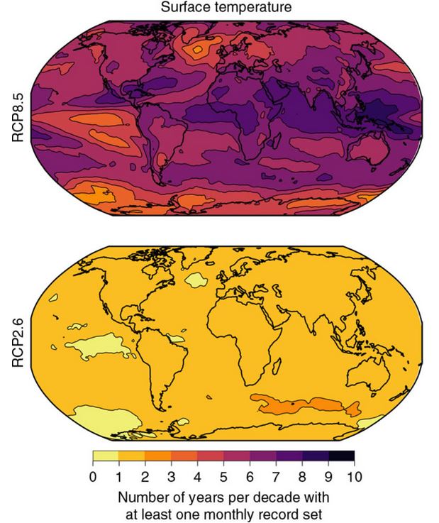 Gegenüberstellung von zwei Weltkarten mit Temperatureinfärbung.