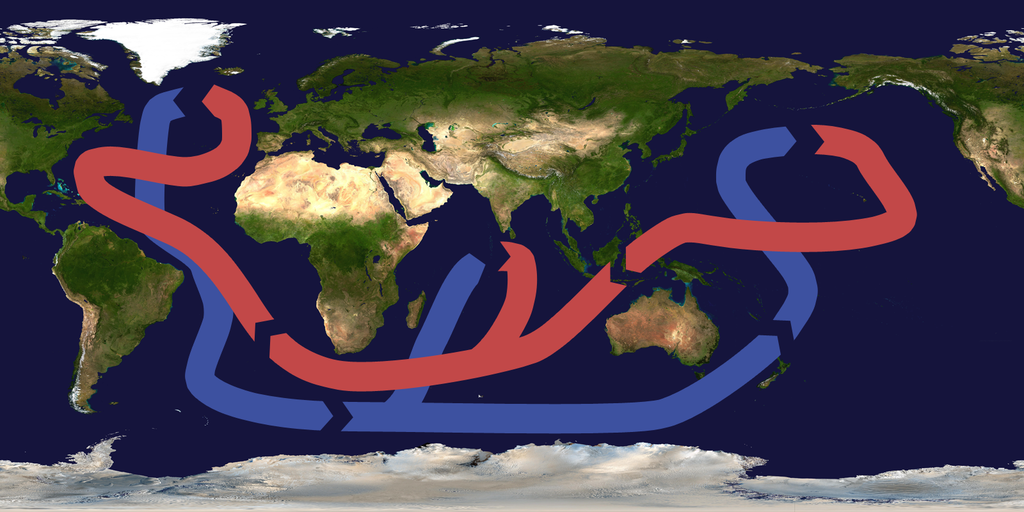 Eine Weltkarte mit den weltweiten Meereströmungen.
