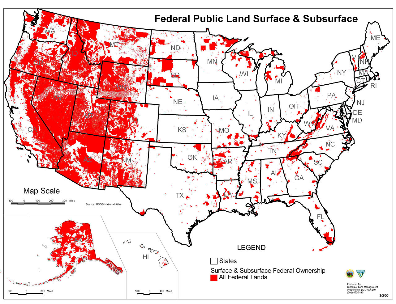 Karte der USA mit rot gekennzeichneten Gebieten, die im Staatsbesitz sind.