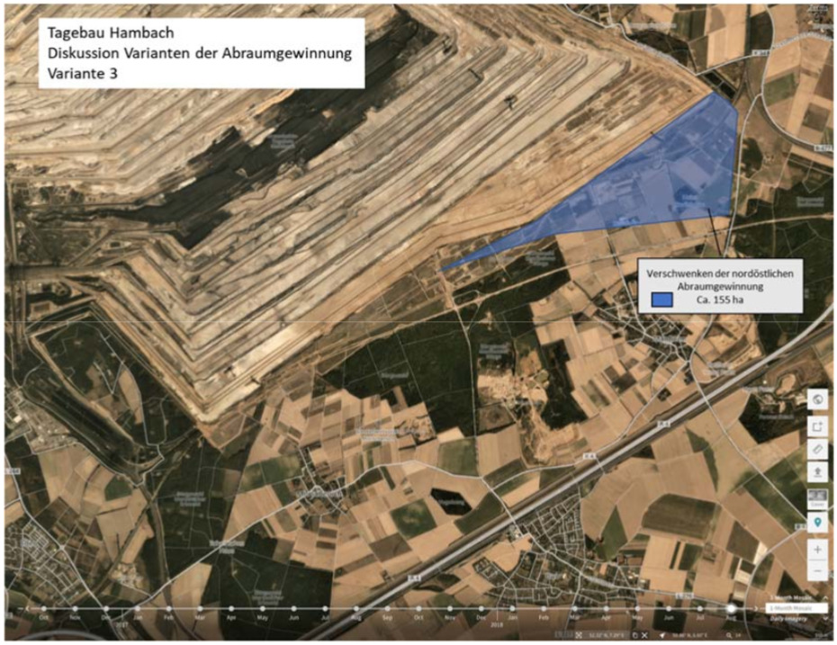 Luftaufnahme des Hambacher Tagebau mit Kennzeichnung der nordöstlichen Abbaufläche.