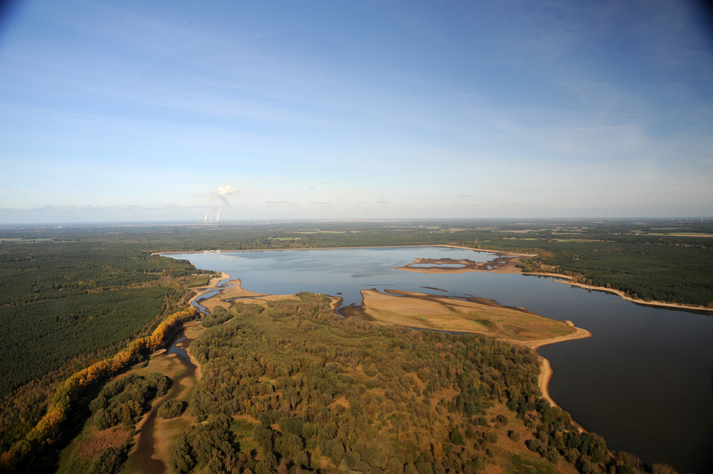 Luftaufnahme des Spremberger Stausees. Sommerliches Wetter mit Dürre bedingten Braunen Flecken im See.