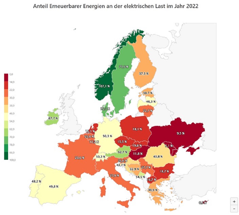 Landkarte Europa mit prozentualen Anteilen an der Erneuerbaren-Stromerzeugung